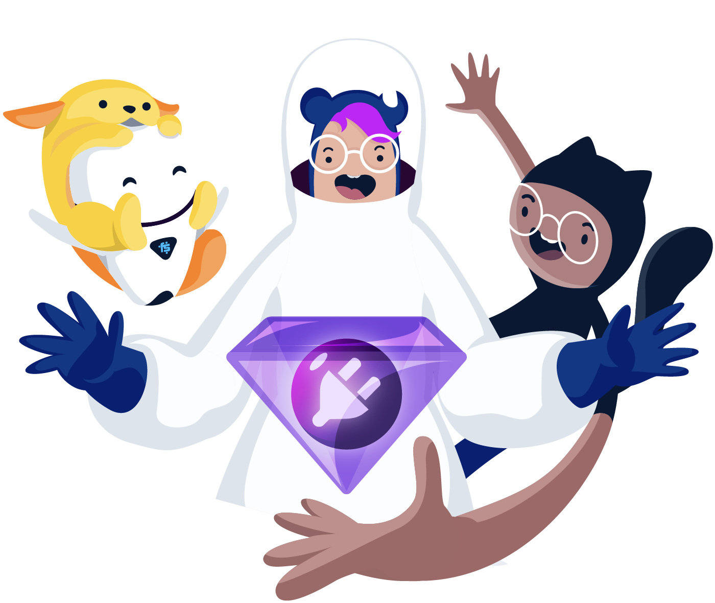 a group of people in space suits, one holding a purple gem in their hand