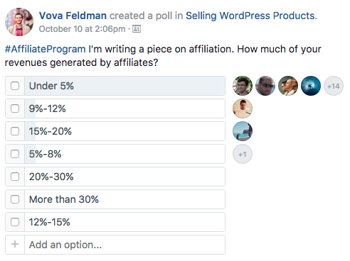 a poll on Selling WordPress Products Facebook group