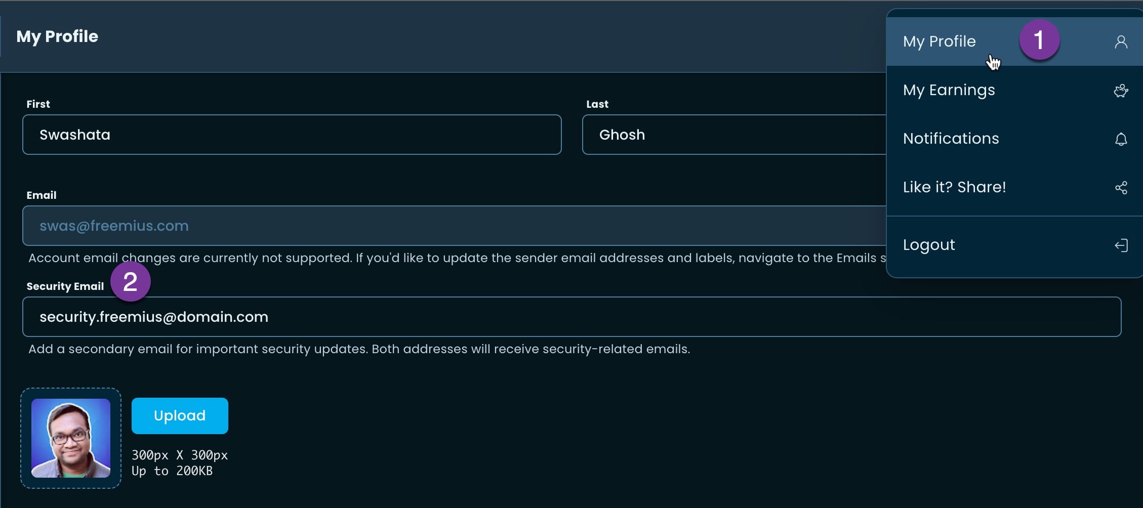 security email freemius developer dashboard profile page