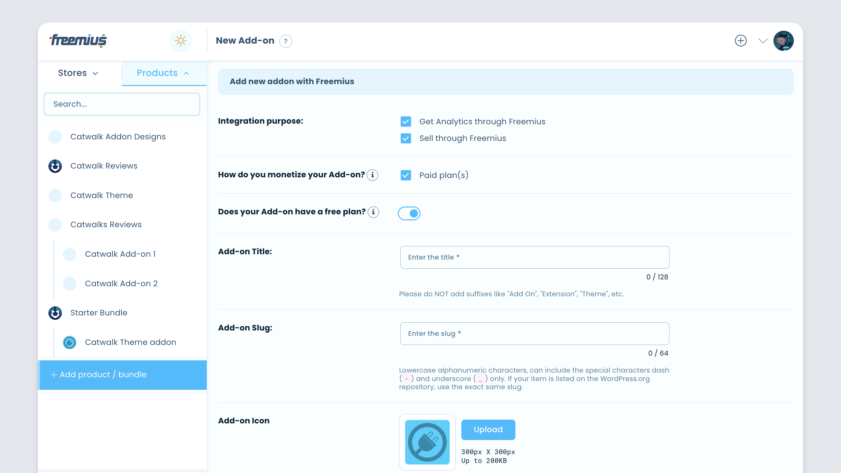 Freemius developer dashboard - add-on product setup settings