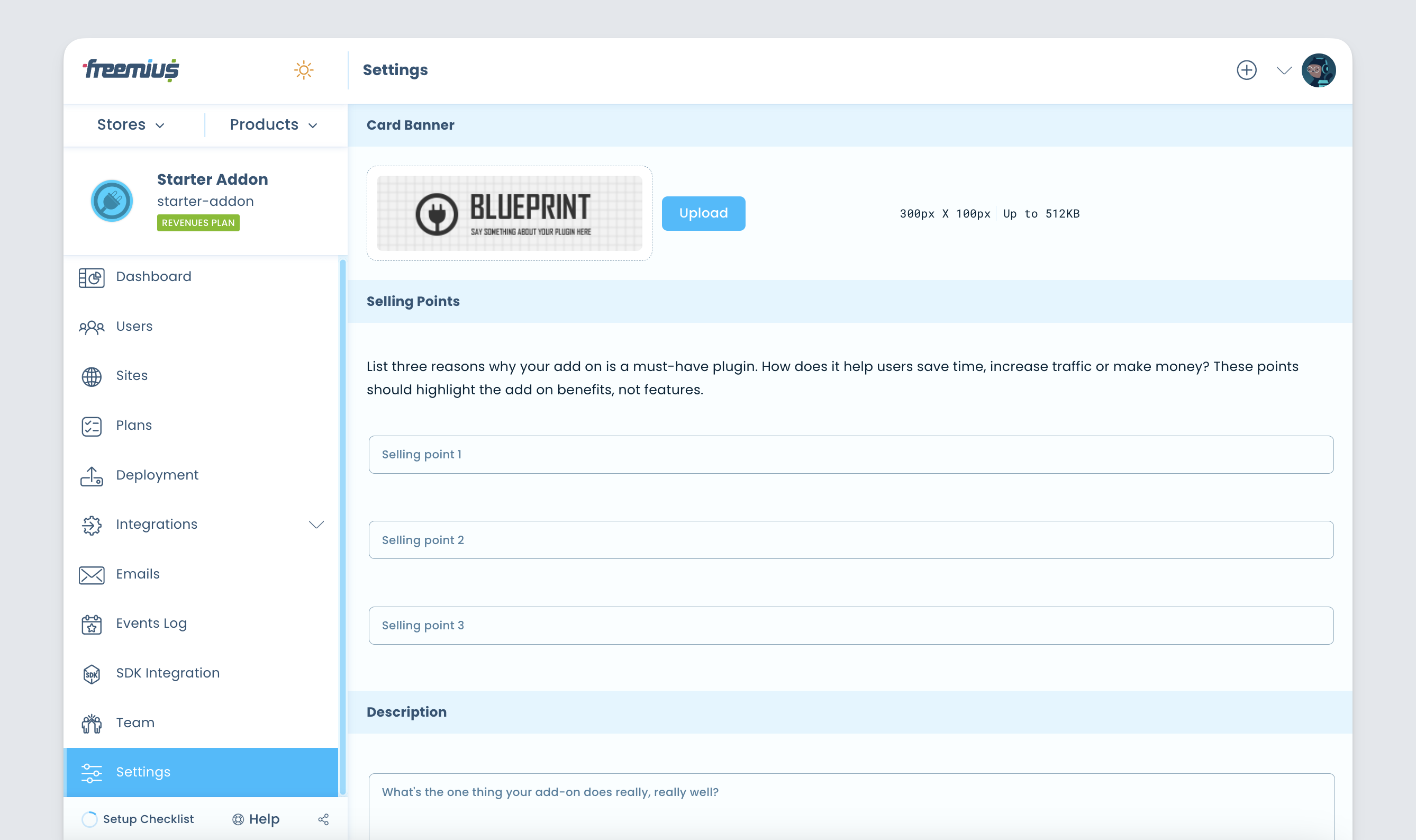 Freemius developer-dashboard - add-on-product assets settings