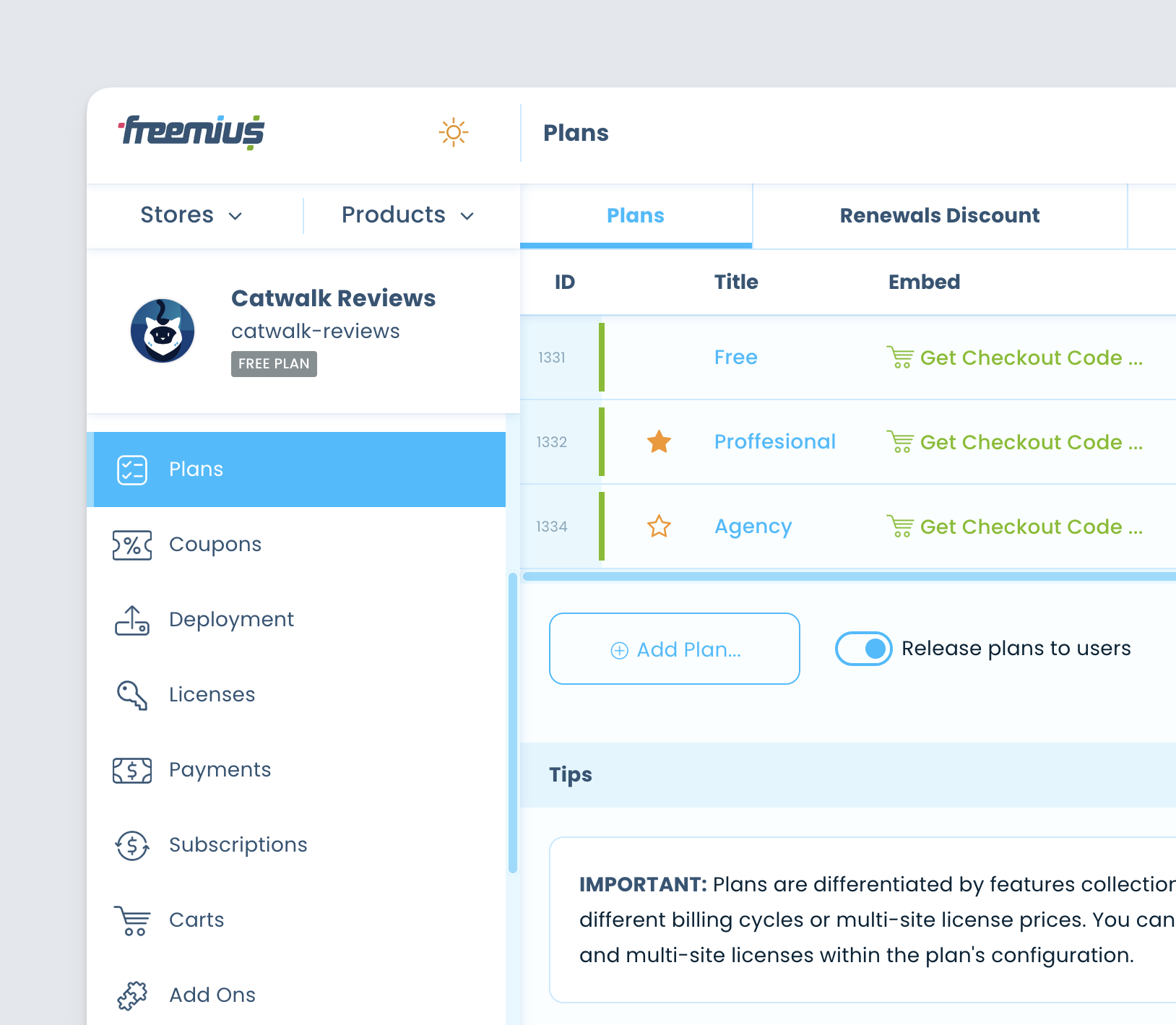 Freemius Dashboard Get Checkout Code Button