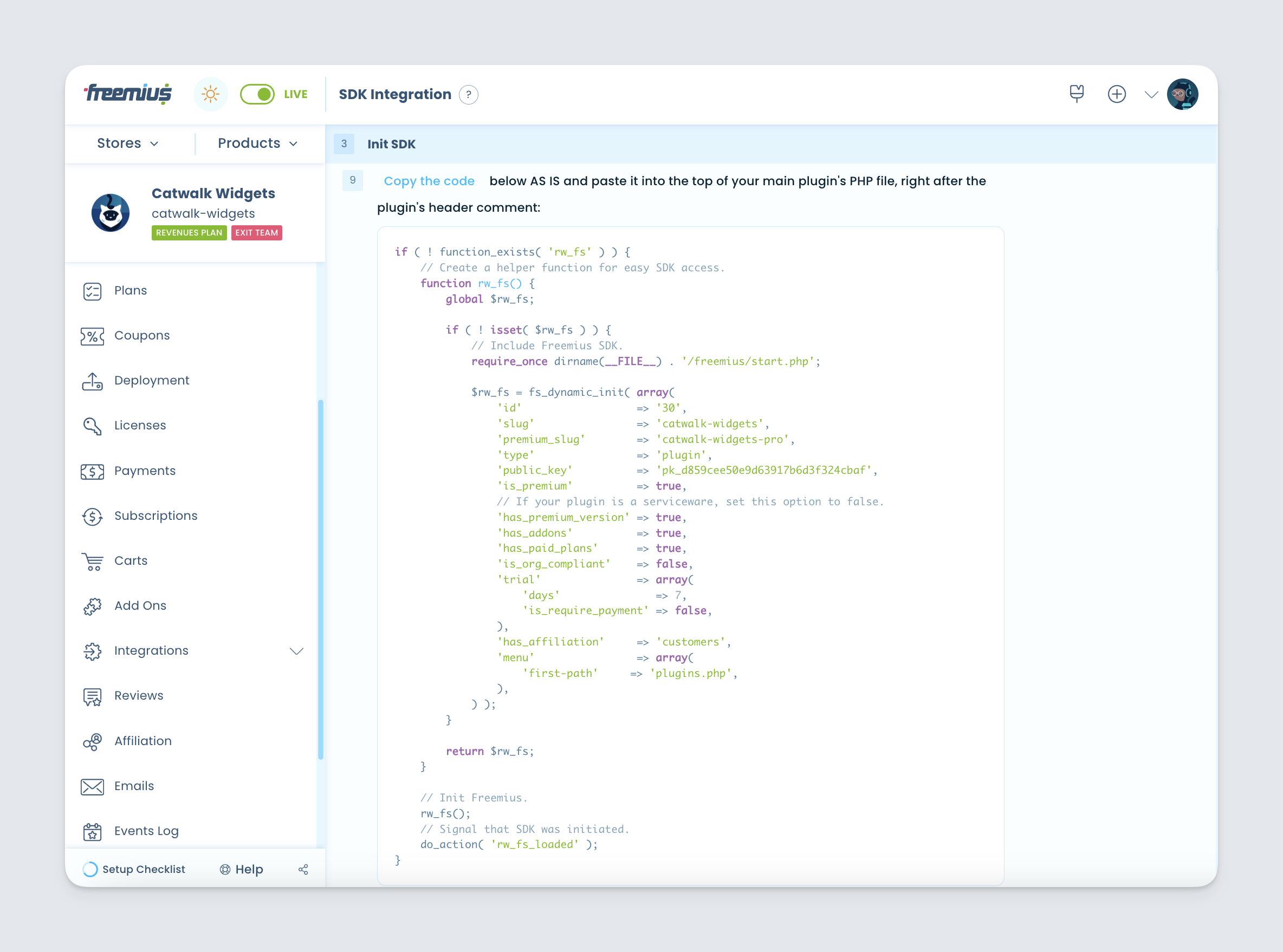 SDK Integration Snippet - Freemius Developer Dashboard