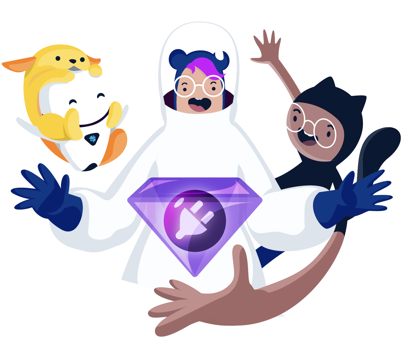 a group of people in space suits, one holding a purple gem in their hand