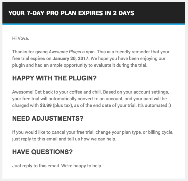 email 2 days prior to a Trial with a payment method expiration