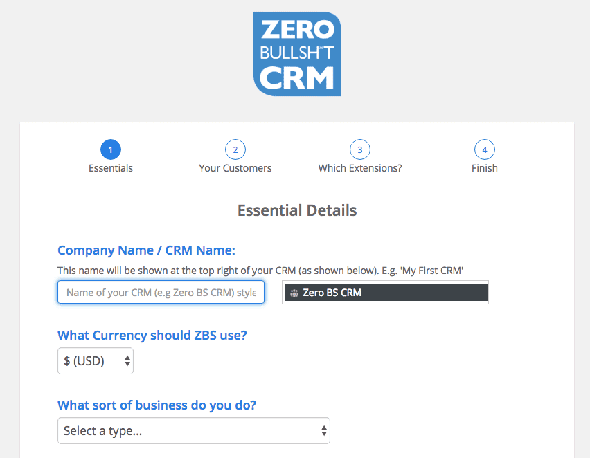 ZeroBullshit CRM onboarding wizard