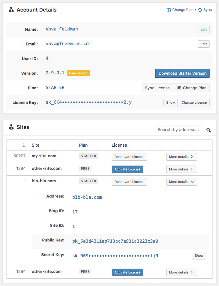 Freemius SDK Network Account Management