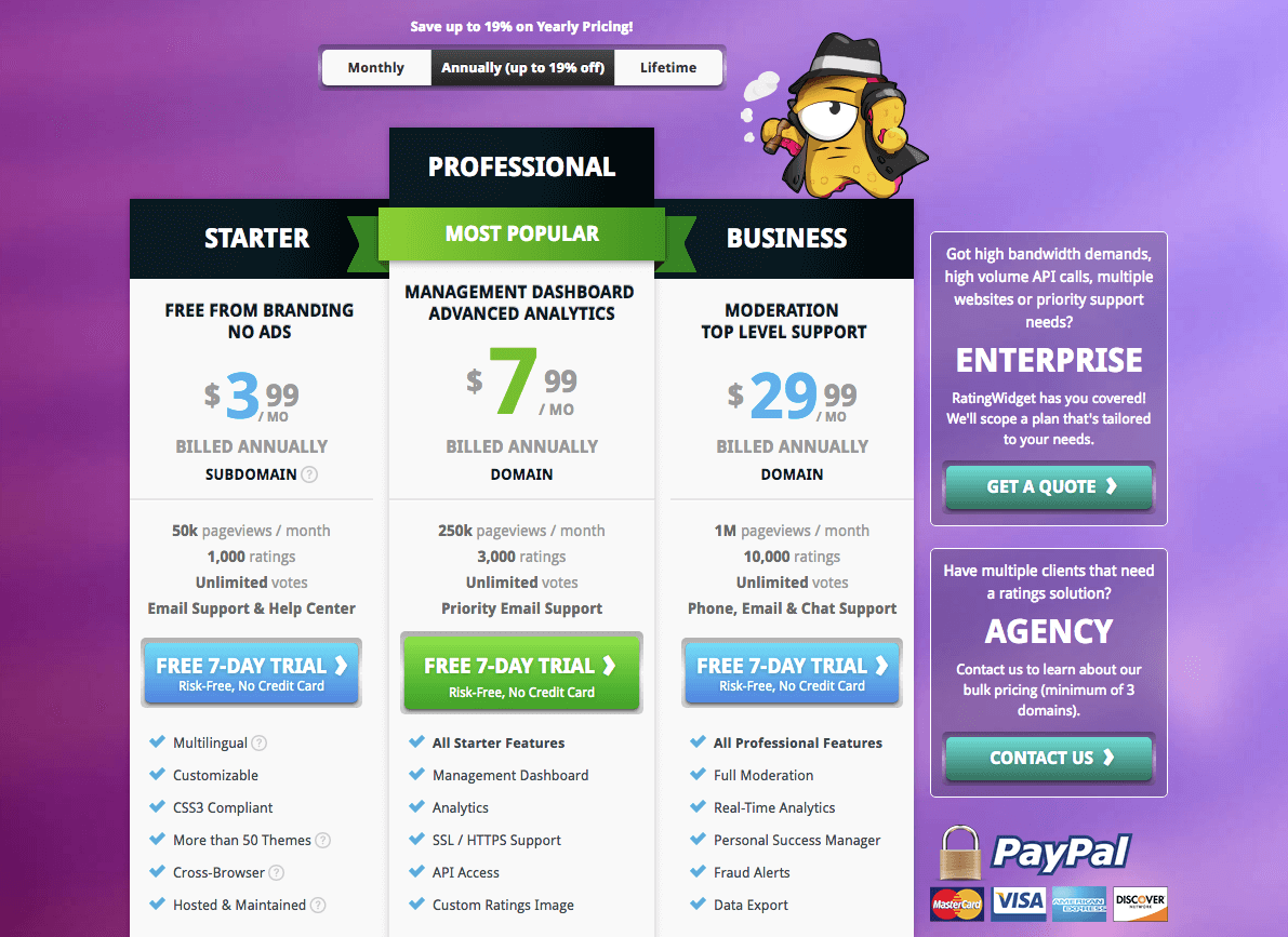 The complete pricing page on the RatingWidget website