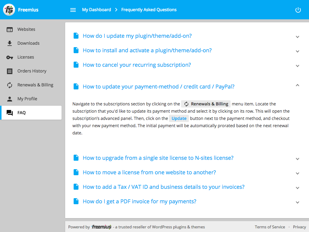 Freemius Users Dashboard FAQ Section