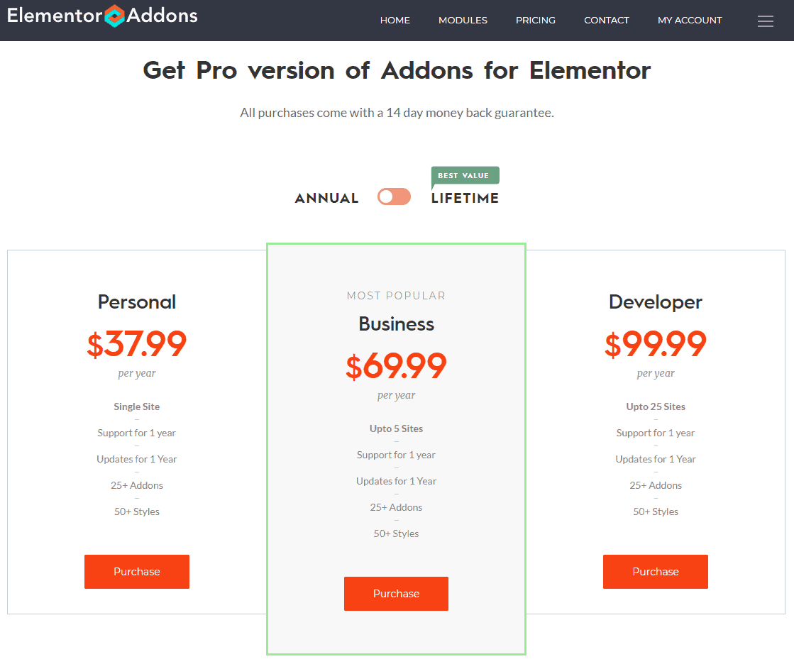 Elementor Addons pricing highlighting The “Most Popular Plan”