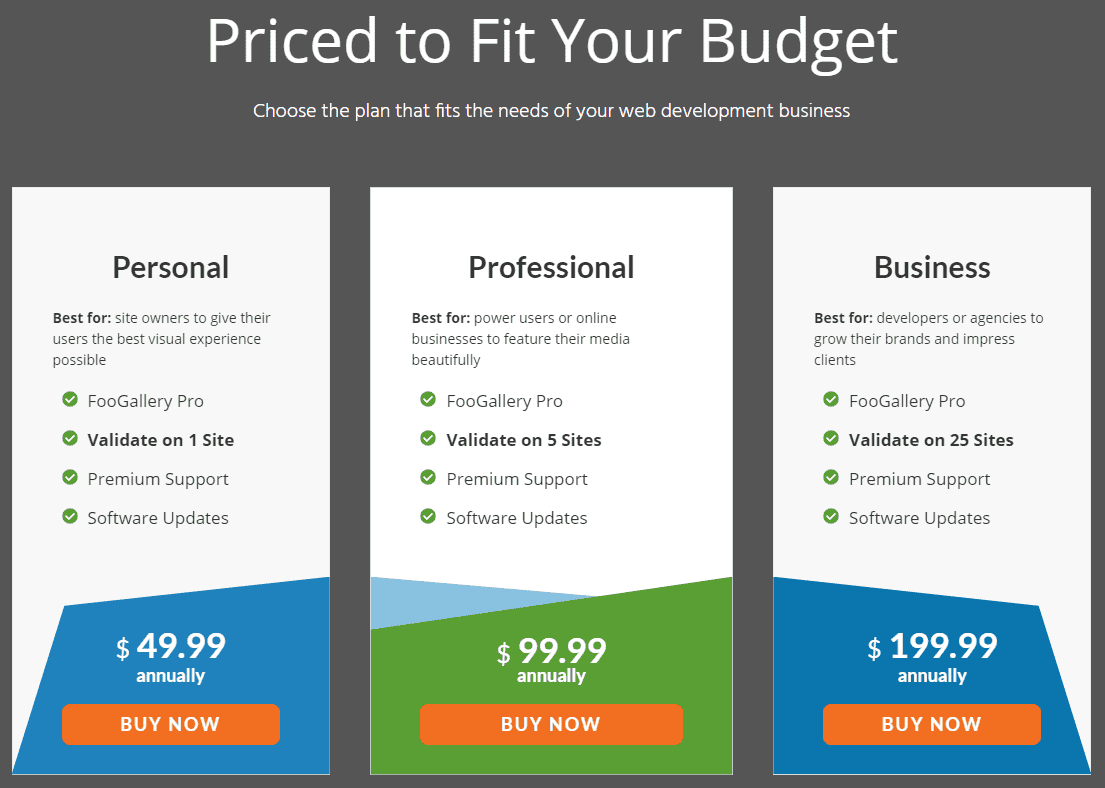 Foo Plugins tailor each pricing plan to a specific target audience: https://fooplugins.com/foogallery/