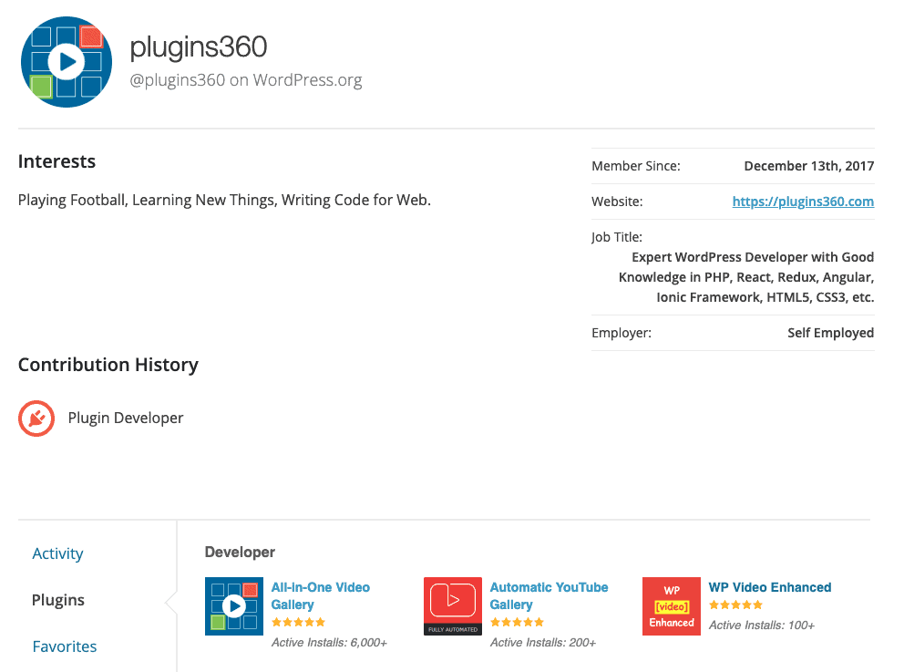 Plugins360 WordPress.org Author Profile