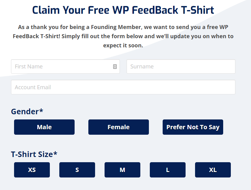 claim form for a free WordPress feedback T-shirt
