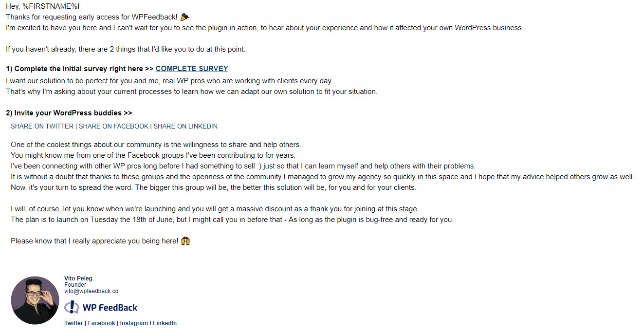 WP FeedBack early access email
