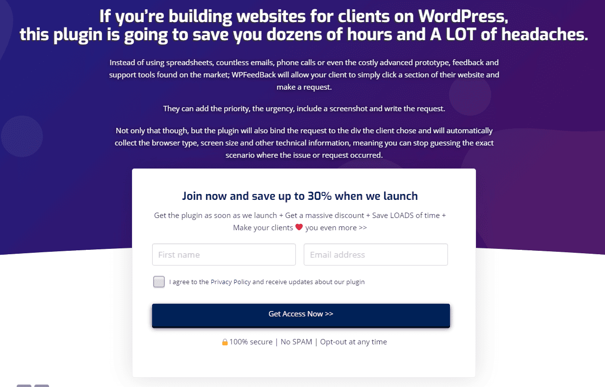 WP FeedBack opt-in landing page