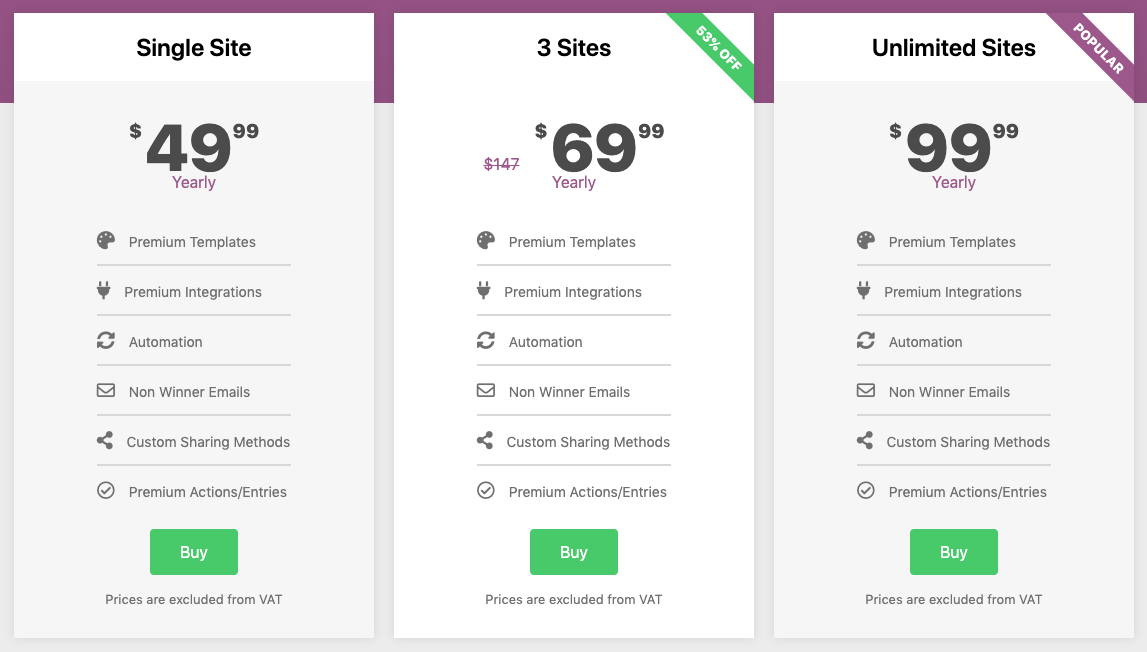 WP Simple Giveaways Pricing Table
