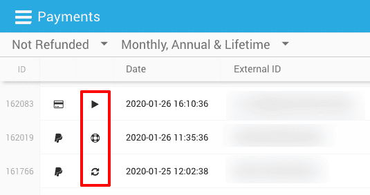 Freemius Developer Dashboard - Payment Type Indicators