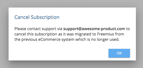 Freemius User Dashboard - Migrated subscription cancelation