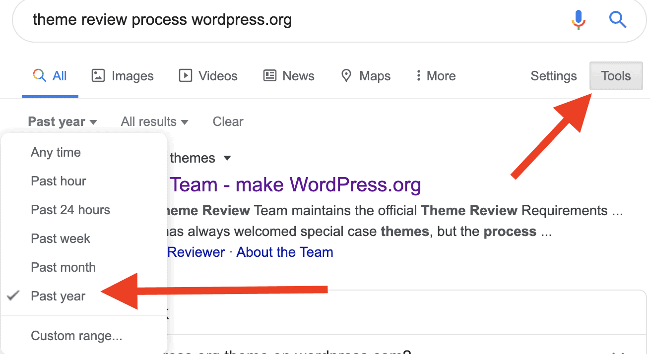 Google Advanced Search within 1 year for theme review process