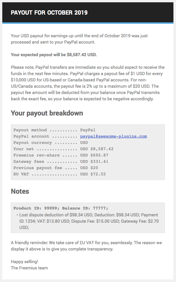 sample payout breakdown from Freemius