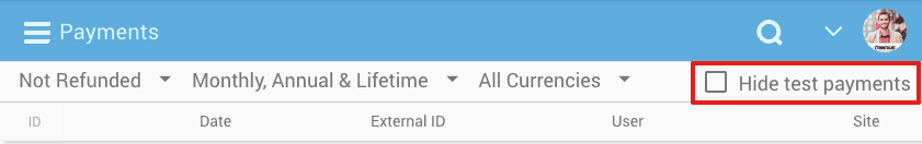 Freemius Developer Dashboard - Hide Test Payments