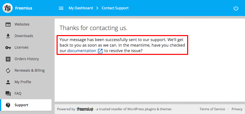 Freemius User Dashboard Contact Form Check documentation while waiting