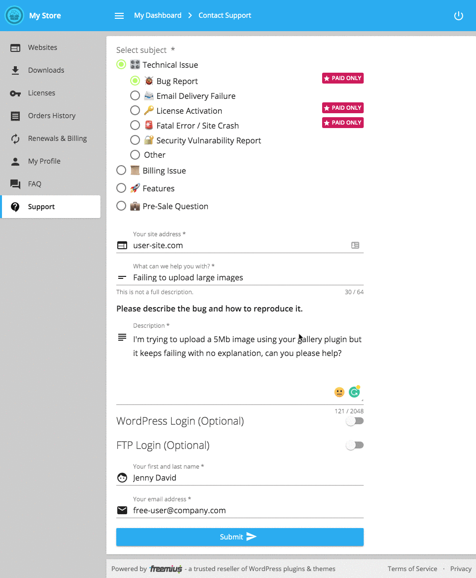 Freemius User Dashboard Contact Form Contextual Upsell