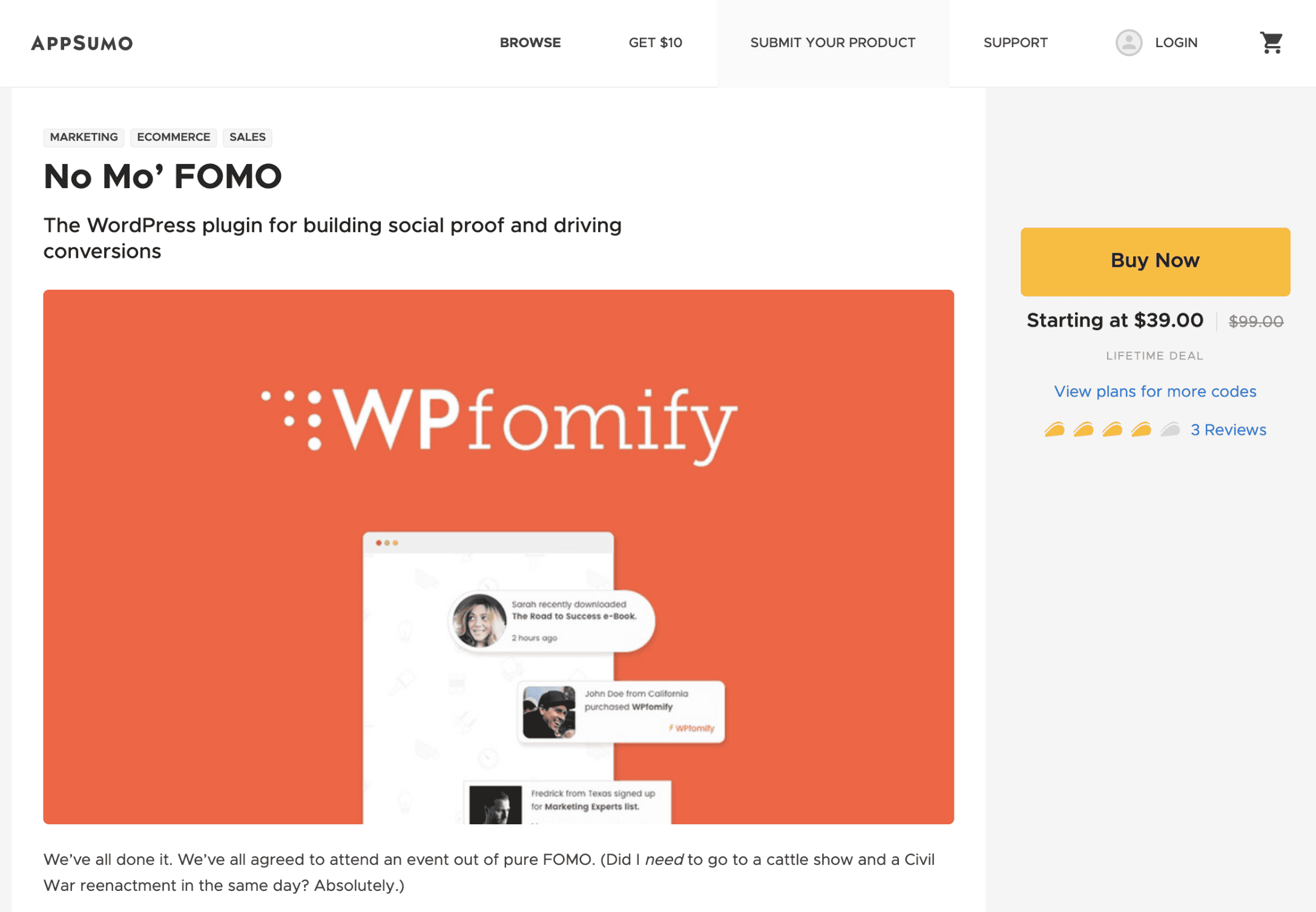 WPfomify AppSumo Listing Page