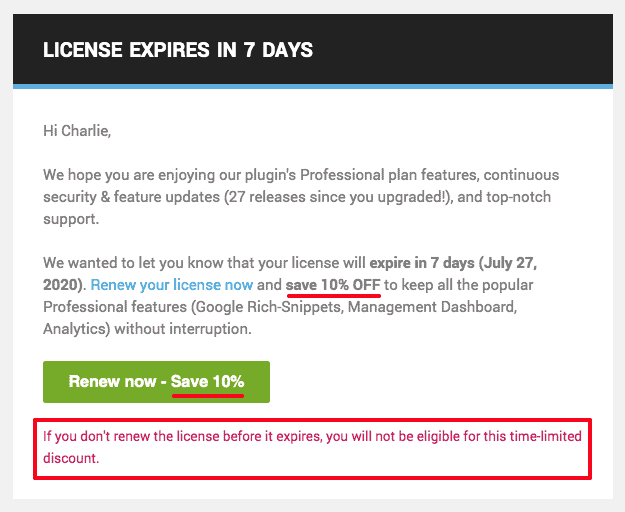 Freemius email notice with offer for discounted subscription renewal