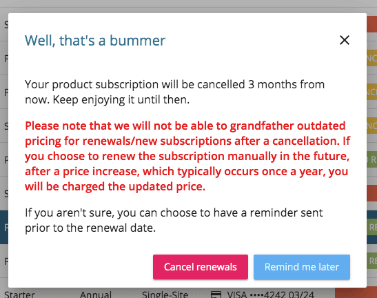 Freemius Subscription Cancellation Email Grandfathered Pricing Warning