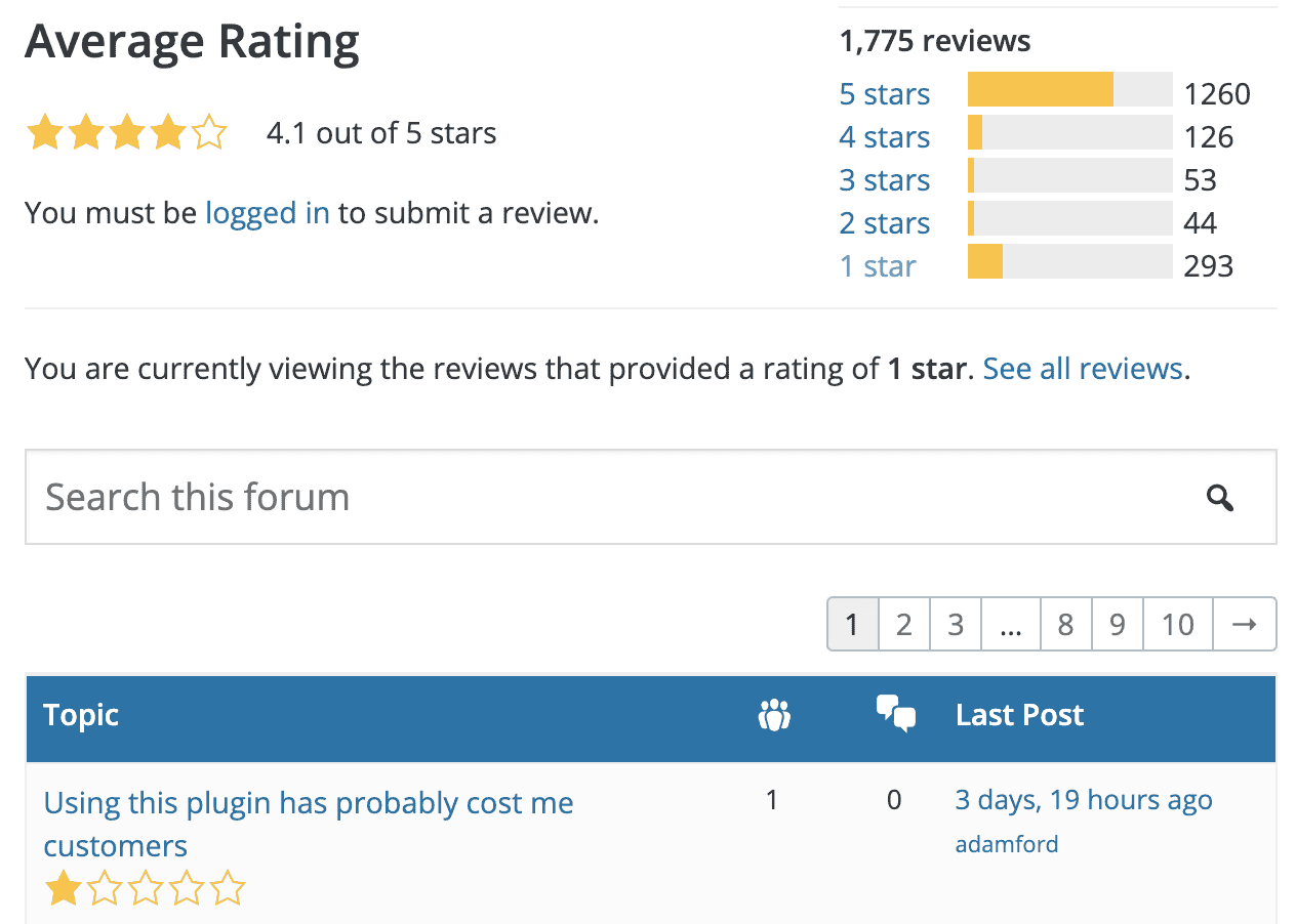 One star review on WordPress.org