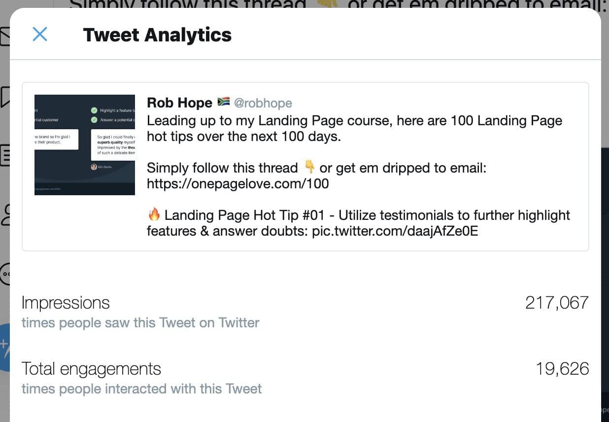 Rob Hope's 100 Hot Tips for Landing Pages Growth Hack Announcement Tweet Analytics