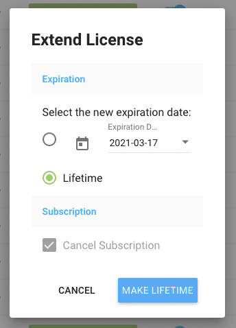 Freemius Developer Dashboard Extend License to Lifetime and Cancel Subscription