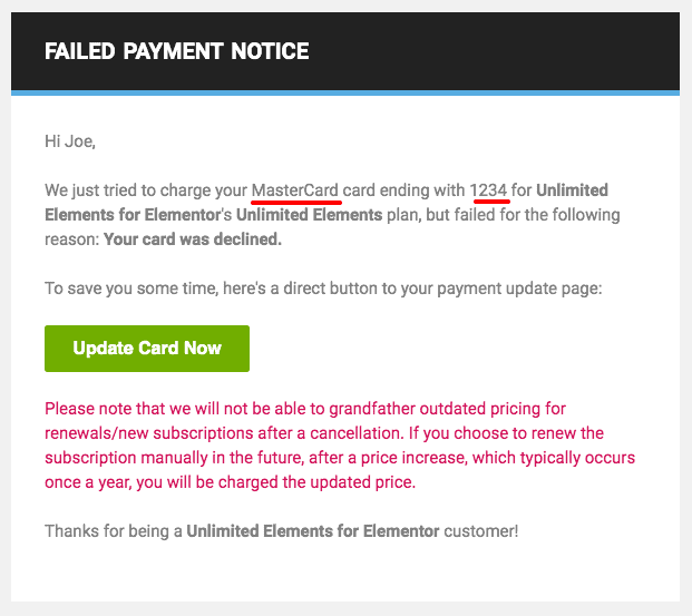 Freemius Failed Payment Notice including payment details and fear of losing out on current pricing notice