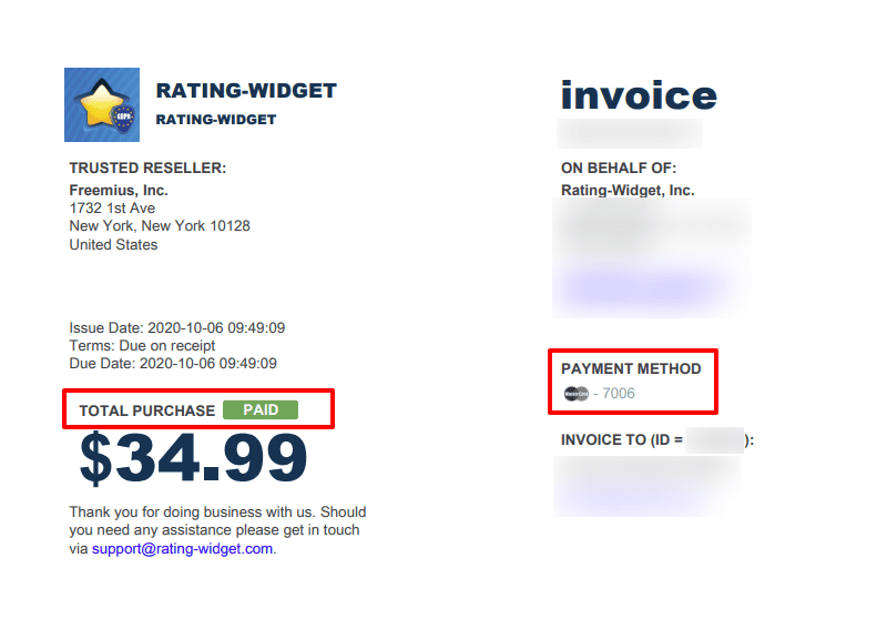 Freemius Invoices Marked as Paid and including Payment Method Details