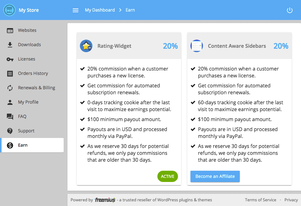 Freemius User Dashboard Earn Section for Affiliates