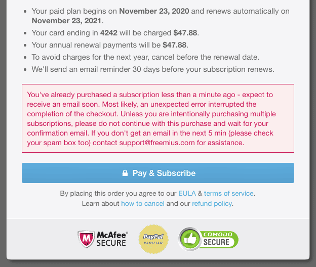 Notice About Preventing Duplicate Purchases on the Freemius Checkout