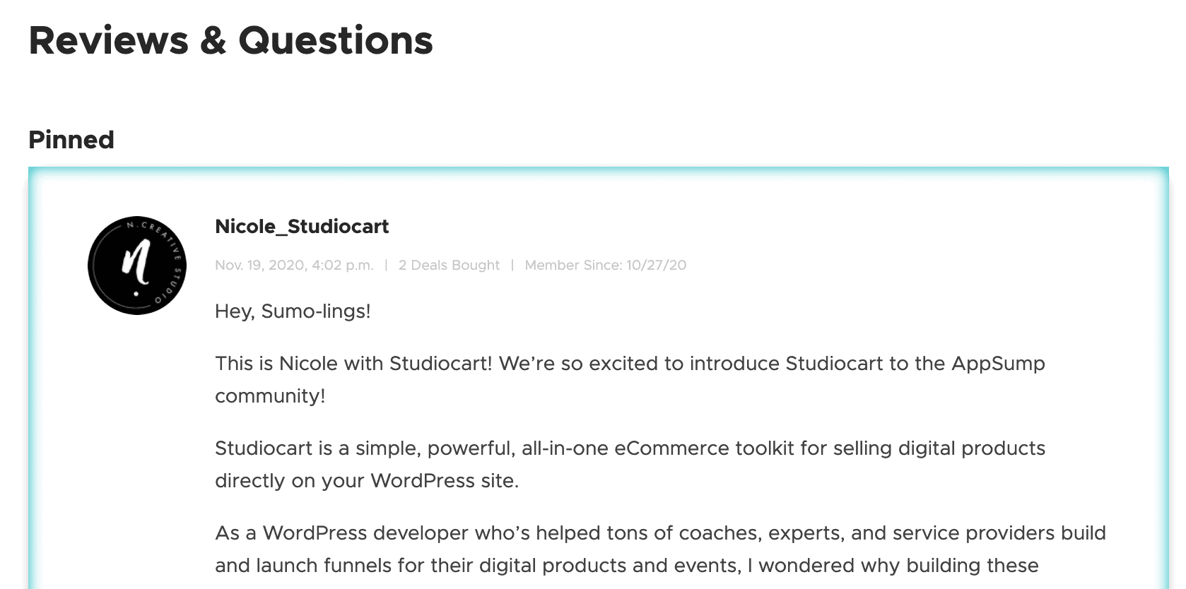 Studiocart AppSumo Reviews and Questions Pinned Question