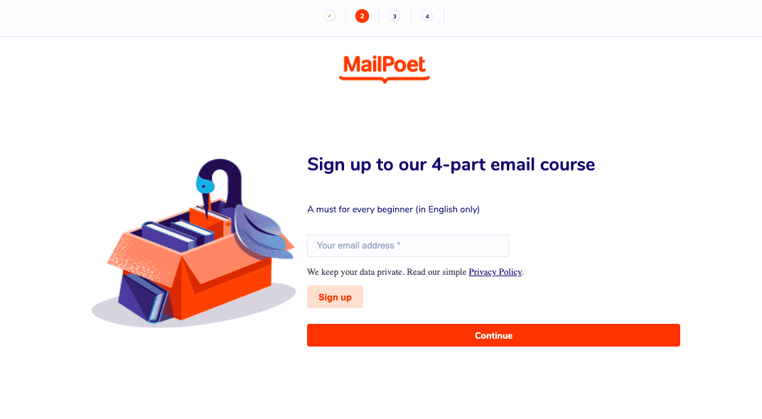 mailpoet signup page for a 4-part email course