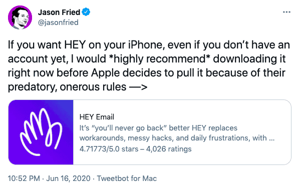 tweeter user Jason Fried recommending HEY email