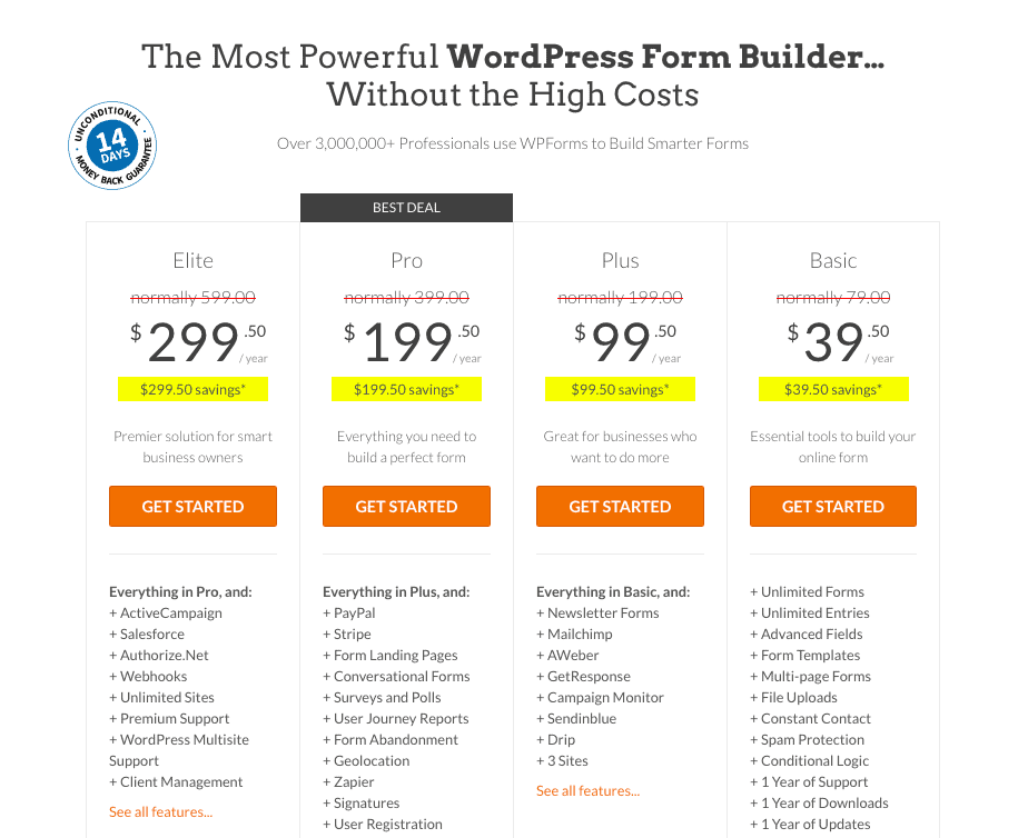 WPforms pricing page showing the price and features for different products