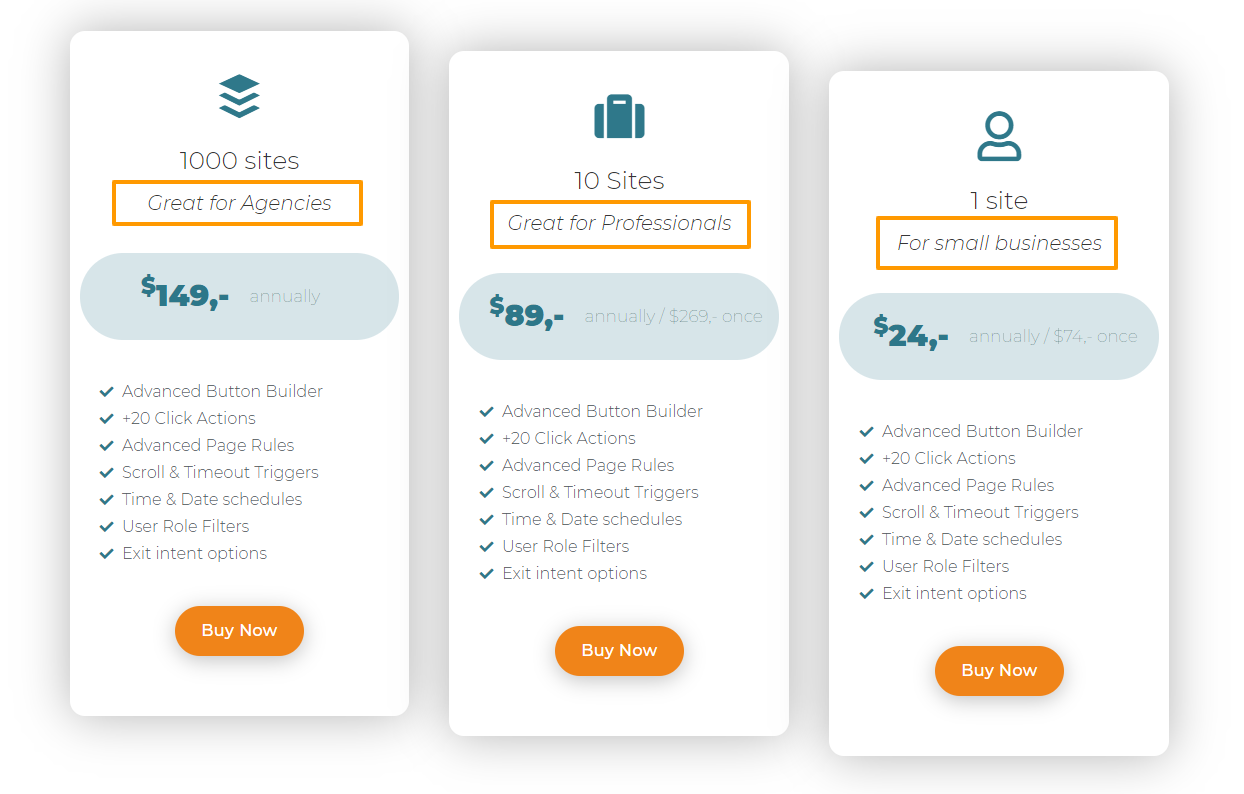 Buttomizer pricing page with comparison of 3 products