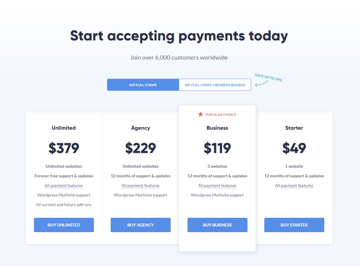 WP Full Stripe pricing page with comparison of 4 products