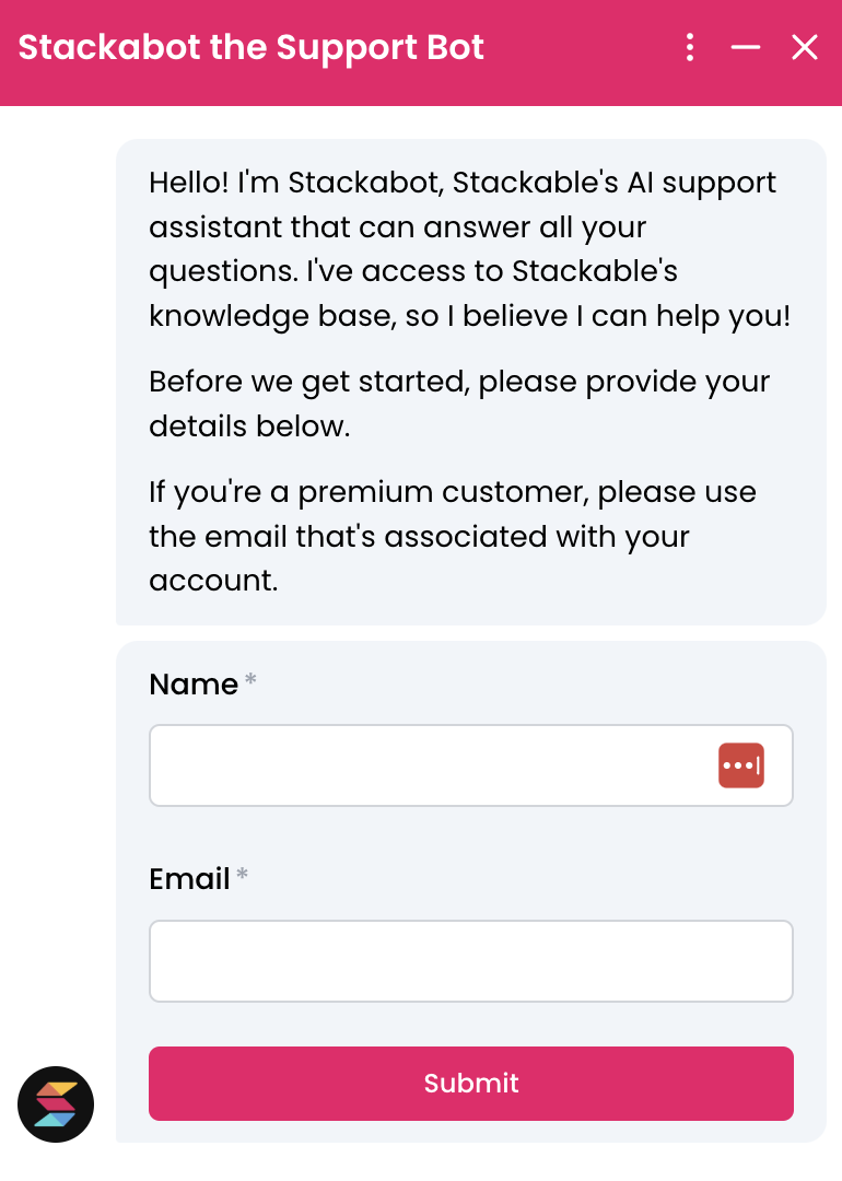 Stackable pricing page chatbot