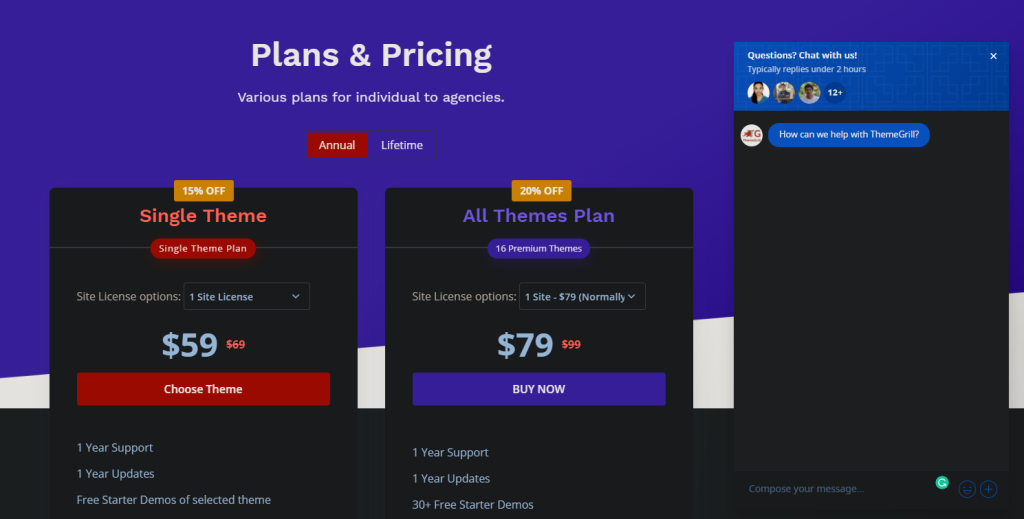 ThemeGrill plan and pricing page
