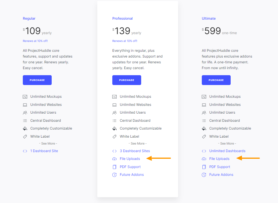 Project Huddle’s pricing page with comparison 3 products