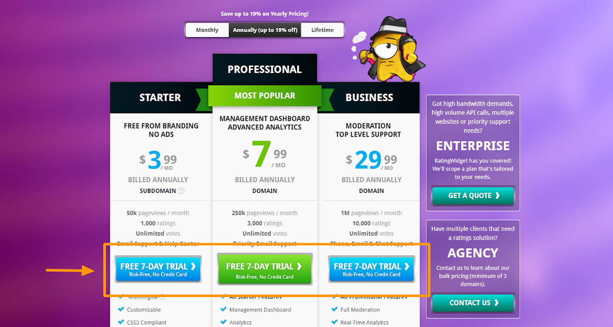 Rating-Widget pricing page with comparison 3 products
