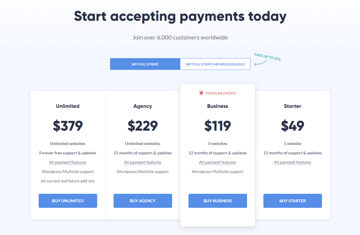 Pricing comparison for unlimited, agency, business, and starter plans