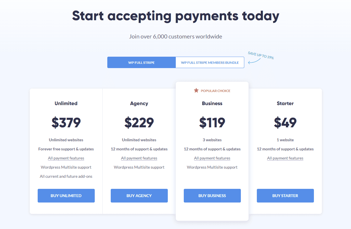 Pricing comparison for unlimited, agency, business, and starter plans