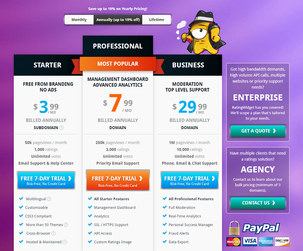 Rating-Widget pricing page with comparison 3 products